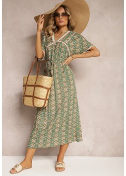 Zielona Wiskozowa Sukienka w Stylu Boho z Krótkim Rękawem i Materiałowym Paskiem Giviata ze sklepu Renee odzież w kategorii Sukienki - zdjęcie 172272186