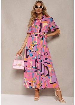 Różowa Koszulowa Sukienka w Abstrakcyjny Print z Materiałowym Paskiem w Talii Archbia ze sklepu Renee odzież w kategorii Sukienki - zdjęcie 172272226