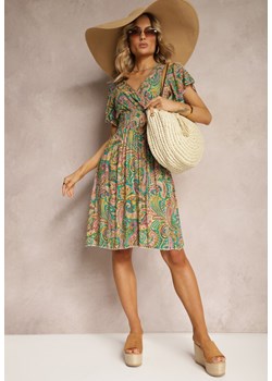 Zielona Rozkloszowana Sukienka z Wiskozy z Trójkątnym Dekoltem i Gumką w Pasie Grilemia ze sklepu Renee odzież w kategorii Sukienki - zdjęcie 172272355