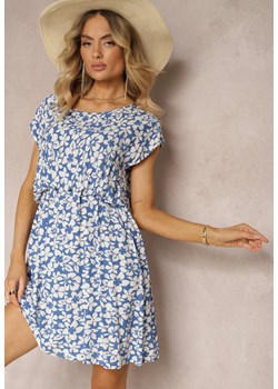Niebieska Kwiecista Sukienka z Krótkim Rękawem i Gumką w Talii Euremia ze sklepu Renee odzież w kategorii Sukienki - zdjęcie 172272369