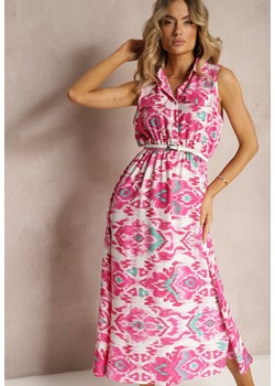 Różowa Rozkloszowana Sukienka z Ozdobnymi Naszyciami na Dekolcie w Abstrakcyjni Print Flubia ze sklepu Renee odzież w kategorii Sukienki - zdjęcie 172272537