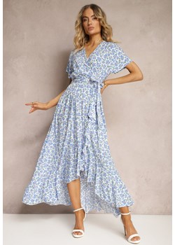 Biało-Niebieska Kopertowa Sukienka z Gumką w Talii z Dłuższym Tyłem Ozdobiona Falbanką Hobbia ze sklepu Renee odzież w kategorii Sukienki - zdjęcie 172272567