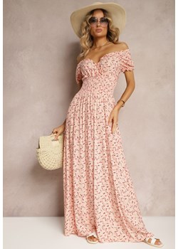 Różowa Wiskozowa Sukienka w Kwiaty z Trójkątnym Dekoltem i Gumką w Talii Lasteri ze sklepu Renee odzież w kategorii Sukienki - zdjęcie 172272578