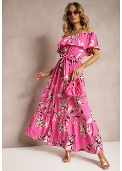 Różowa Kwiecista Sukienka Typu Hiszpanka z Gumką w Talii i Materiałowym Paskiem Pori ze sklepu Renee odzież w kategorii Sukienki - zdjęcie 172272597