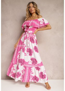 Różowa Hiszpanka Sukienka z Gumką w Talii i Materiałowym Paskiem z Falbankami Xoneri ze sklepu Renee odzież w kategorii Sukienki - zdjęcie 172272607
