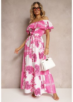Różowo-Biała Hiszpanka Sukienka z Gumką w Talii i Materiałowym Paskiem z Falbankami Xoneri ze sklepu Renee odzież w kategorii Sukienki - zdjęcie 172272608