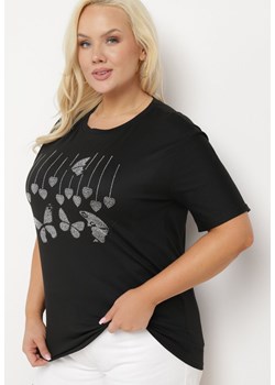 Czarny T-shirt z Ozdobnym Nadrukiem i Cyrkoniami Moariss ze sklepu Born2be Odzież w kategorii Bluzki damskie - zdjęcie 172275519