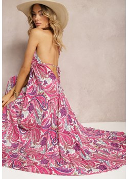 Różowa Sukienka z Wiskozy Wiązana na Szyi ze Ściągaczem pod Biustem Xerbia ze sklepu Renee odzież w kategorii Sukienki - zdjęcie 172278508
