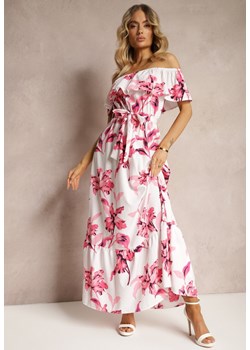 Biało-Różowa Kwiecista Sukienka Typu Hiszpanka z Gumką w Talii i Materiałowym Paskiem Pori ze sklepu Renee odzież w kategorii Sukienki - zdjęcie 172278668