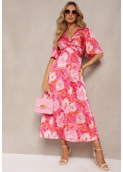 Różowa Sukienka z Marszczonym Dekoltem i Gumką w Talii z Rozcięciami Dilapia ze sklepu Renee odzież w kategorii Sukienki - zdjęcie 172278718