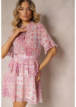 Różowa Sukienka o Rozkloszowanym Kroju z Falbankami i Gumką w Talii Nespia ze sklepu Renee odzież w kategorii Sukienki - zdjęcie 172278728