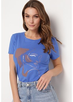 Granatowy T-shirt z Bawełny z Krótkim Rękawem i Nadrukiem Tiaressa ze sklepu Born2be Odzież w kategorii Bluzki damskie - zdjęcie 172279319
