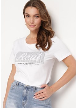 Biały Bawełniany T-shirt Koszulka z Krótkim Rękawem Ozdobiona Nadrukiem i Cyrkoniami Quana ze sklepu Born2be Odzież w kategorii Bluzki damskie - zdjęcie 172279326