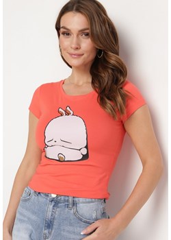 Różowy Bawełniany T-shirt z Ozdobnym Nadrukiem Ianestra ze sklepu Born2be Odzież w kategorii Bluzki damskie - zdjęcie 172279375