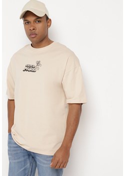 Beżowa Koszulka Bawełniana Oversize z Nadrukiem z Przodu i na Plecach Mannesha ze sklepu Born2be Odzież w kategorii T-shirty męskie - zdjęcie 172279428