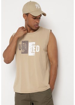 Beżowa Koszulka bez Rękawów z Nadrukiem na Przodzie Yanesh ze sklepu Born2be Odzież w kategorii Podkoszulki męskie - zdjęcie 172279446