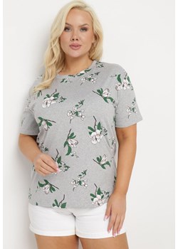 Szary T-shirt Koszulka z Krótkim Rękawem w Kwiaty Henubia ze sklepu Born2be Odzież w kategorii Bluzki damskie - zdjęcie 172279926