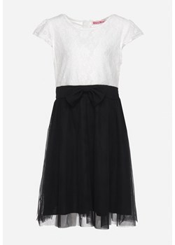 Czarno-Biała Sukienka Rozkloszowana z Tiulowym Dołem i Ozdobną Kokardką Vepia ze sklepu Born2be Odzież w kategorii Sukienki dziewczęce - zdjęcie 172280076