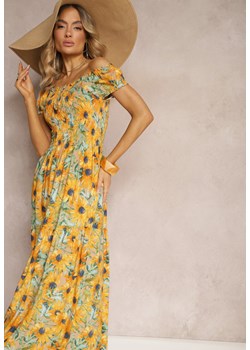 Beżowo-Żółta Rozkloszowana Sukienka Hiszpanka z Wiskozy w Kwiatowy Wzór Viseria ze sklepu Renee odzież w kategorii Sukienki - zdjęcie 172283596