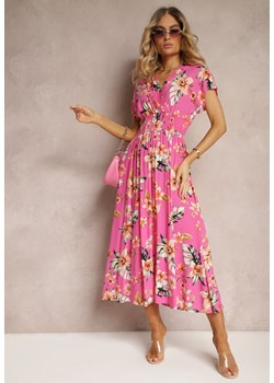 Różowa Kopertowa Sukienka w Kwiaty z Gumką w Talii Nobbia ze sklepu Renee odzież w kategorii Sukienki - zdjęcie 172283749