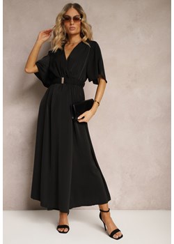 Czarna Kopertowa Sukienka z Gumką w Talii i Paskiem Amperi ze sklepu Renee odzież w kategorii Sukienki - zdjęcie 172283787