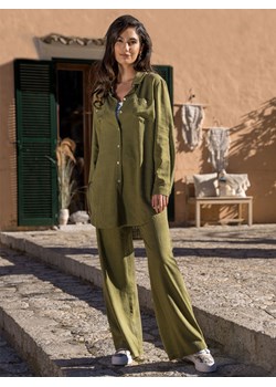 Oliwkowe luźne spodnie damskie z lnem Potis & Verso Pascal ze sklepu Eye For Fashion w kategorii Spodnie damskie - zdjęcie 172306036