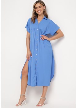 Niebieska Sukienka Koszulowa Zapinana na Guziki z Podwijanymi Rękawami Moarisa ze sklepu Born2be Odzież w kategorii Sukienki - zdjęcie 172308478