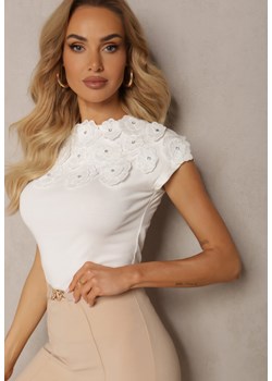 Biała Bluzka z Bawełny na Dekolcie Naszyte Kwiaty Halesia ze sklepu Renee odzież w kategorii Bluzki damskie - zdjęcie 172313568