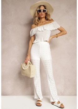 Białe Spodnie High Waist Ażurowe o Fasonie Dzwonów Elolia ze sklepu Renee odzież w kategorii Spodnie damskie - zdjęcie 172313788