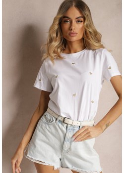 Biały T-shirt z Bawełny z Haftowanymi Serduszkami Norolia ze sklepu Renee odzież w kategorii Bluzki damskie - zdjęcie 172313848