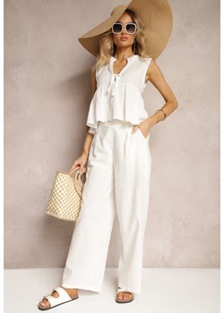 Białe Spodnie z Bawełny i Lnem High Waist Kolalia ze sklepu Renee odzież w kategorii Spodnie damskie - zdjęcie 172318385