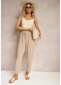Beżowe Spodnie Regular High Waist z Wiązaniem w Pasie Dimeca ze sklepu Renee odzież w kategorii Spodnie damskie - zdjęcie 172318455