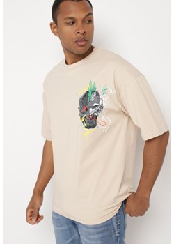 Beżowa Koszulka z Krótkim Rękawem T-Shirt z Nadrukiem z Przodu i na Plecach Franestia ze sklepu Born2be Odzież w kategorii T-shirty męskie - zdjęcie 172326299