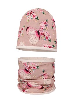 Dziewczęcy bawełniany komplet w kwiatowy wzór czapka + komin pudrowy ze sklepu 5.10.15 w kategorii Czapki dziecięce - zdjęcie 172338537