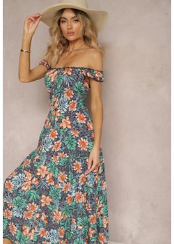 Granatowo-Zielona Bawełniana Sukienka w Kwiaty z Falbankami i Gumką w Talii Darialia ze sklepu Renee odzież w kategorii Sukienki - zdjęcie 172354306
