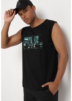 Czarna Koszulka z Bawełny bez Rękawów z Ozdobnym Nadrukiem Aanesa ze sklepu Born2be Odzież w kategorii T-shirty męskie - zdjęcie 172360369