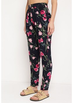 Granatowo-Różowe Dopasowane Bawełniane Spodnie z Gumką w Pasie i Wysokim Stanem Dimonda ze sklepu Born2be Odzież w kategorii Spodnie damskie - zdjęcie 172360699
