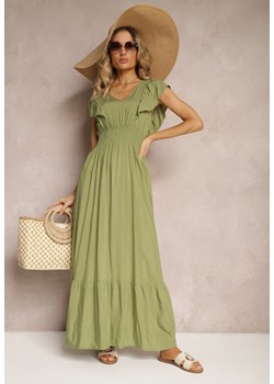 Zielona Bawełniana Sukienka o Rozkloszowanym Kroju z Falbankami i Gumką w Talii Dimista ze sklepu Renee odzież w kategorii Sukienki - zdjęcie 172364375