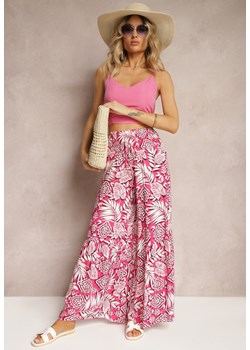 Różowe Boho Spodnie High Waist z Wiskozy z Szerokimi Nogawkami i Gumką w Pasie Elatine ze sklepu Renee odzież w kategorii Spodnie damskie - zdjęcie 172364425