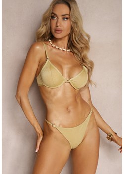 Złote Bikini Biustonosz Wiązany na Plecach z Aplikacjami Majtki z Cienkimi Paskami Tiamariah ze sklepu Renee odzież w kategorii Stroje kąpielowe - zdjęcie 172379499