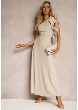 Beżowa Rozkloszowana Sukienka Asymetryczna z Dużymi Falbanami przy Ramionach Cevada ze sklepu Renee odzież w kategorii Sukienki - zdjęcie 172380826