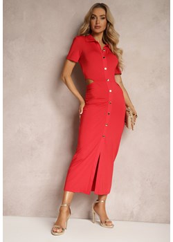 Czerwona Koszulowa Sukienka Zapinana na Guziki z Ozdobnymi Wycięciami w Pasie i Marszczeniem Tavlea ze sklepu Renee odzież w kategorii Sukienki - zdjęcie 172381039