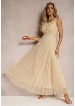 Beżowa Koktajlowa Sukienka z Tiulowym Dołem Bez Rękawów Elastar ze sklepu Renee odzież w kategorii Sukienki - zdjęcie 172386888