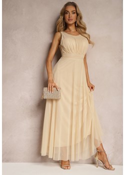 Beżowa Koktajlowa Sukienka z Tiulowym Dołem Bez Rękawów Elastar ze sklepu Renee odzież w kategorii Sukienki - zdjęcie 172386889