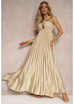 Beżowa Asymetryczna Sukienka Plisowana na Jedno Ramię z Gumką w Talii Elashay ze sklepu Renee odzież w kategorii Sukienki - zdjęcie 172386918