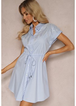 Niebieska Bawełniana Sukienka Koszulowa ze Ściągaczem w Talii Zdobiona Cyrkoniami Wesolia ze sklepu Renee odzież w kategorii Sukienki - zdjęcie 172388177