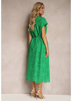 Zielona Bawełniana Sukienka o Haftowanym Wykończeniu z Materiałowym Paskiem w Talii Dimla ze sklepu Renee odzież w kategorii Sukienki - zdjęcie 172388299