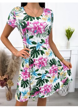 Kremowa Sukienka z Motywem Roślinnym ze sklepu ModnaKiecka.pl w kategorii Sukienki - zdjęcie 172392598