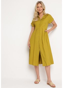 Zielona Koszulowa Sukienka z Lnem i Wiskozą Ircilla ze sklepu Born2be Odzież w kategorii Sukienki - zdjęcie 172410469