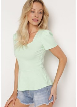 Miętowy Bawełniany T-shirt Bluzka z Krótkim Rękawem Ozdobiony Marszczeniami przy Rękawach Dimita ze sklepu Born2be Odzież w kategorii Bluzki damskie - zdjęcie 172410616